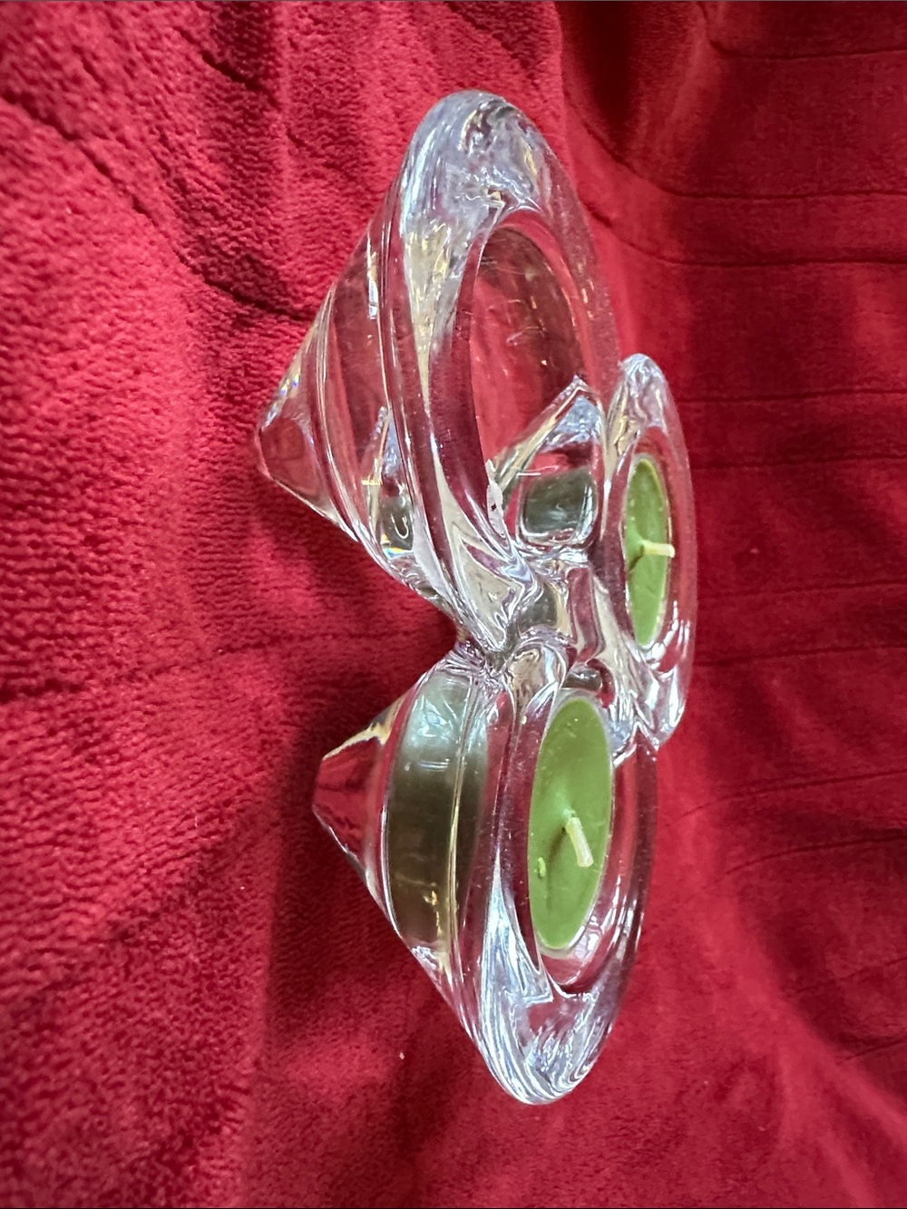 Clear Glass Triple Tealight Candle Holder with Green Candles